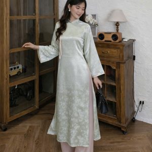 Áo Dài Cách Tân Dáng Suông Tường An, Gấm Trúc Đào Phối nơ Xinh Xắn