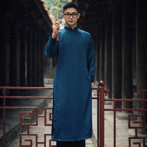 Áo Dài Nam Cách Tân Bê Tráp Mặc Tết Vải Tây Thi Mềm Khoá Lưng - Xanh Than