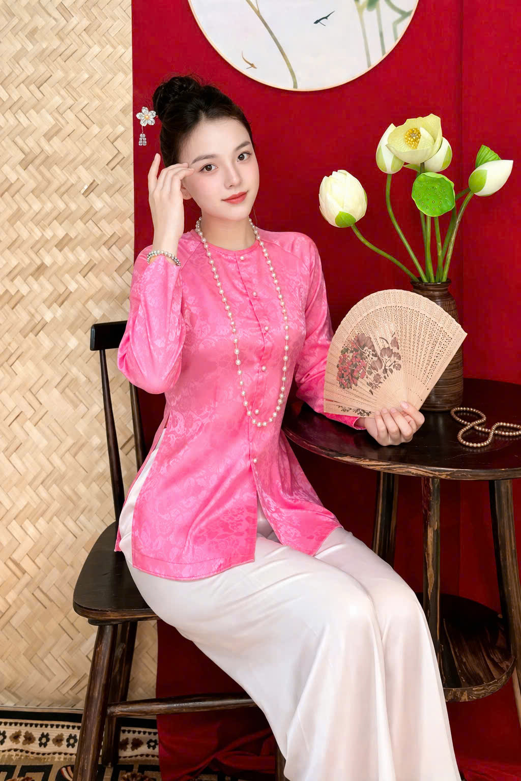 Áo Bà Ba Gấm Vân Đá Cài Nút Cổ Tim – Hồng Nhạt