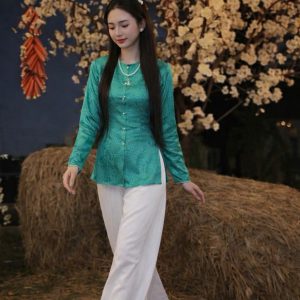 Áo Bà Ba Gấm Vân Đá Cài Nút Cổ Tim - Xanh Rêu