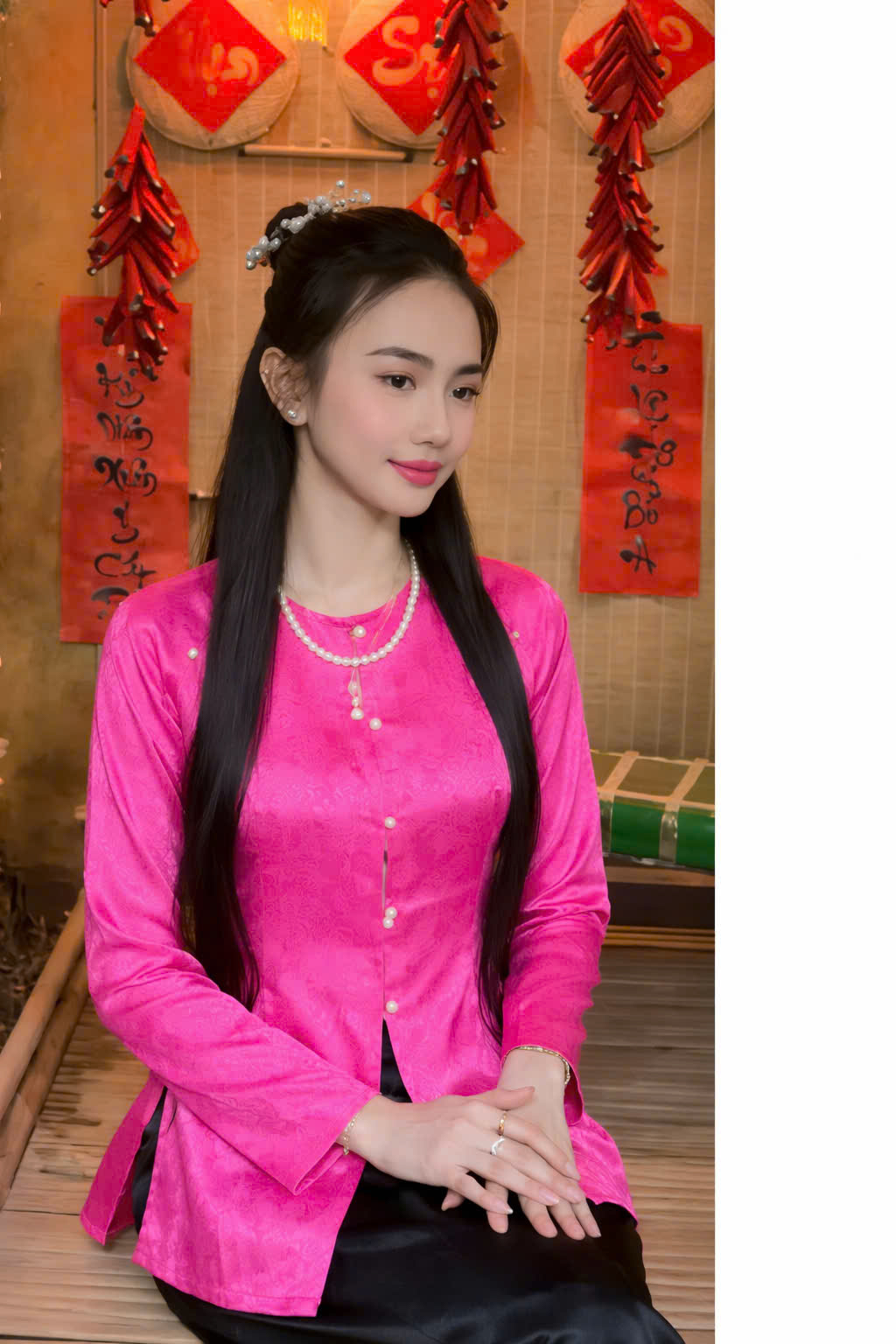 Áo Bà Ba Gấm Vân Đá Cài Nút Cổ Tim – Hồng Sen - Ảnh 2