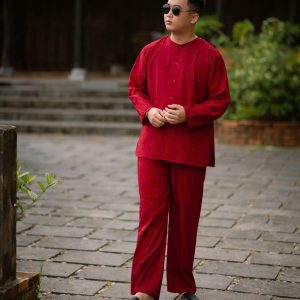 Bộ Áo Bà Ba Nam Vải Kate – Đỏ Đô