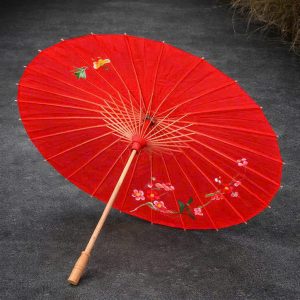 Dù Giấy Cổ Điển Nan Tre Thuê Hoa Văn - Đỏ