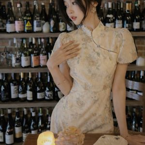 Đầm Sườn Xám Tay Ngắn Vạt Chéo Thanh Lịch