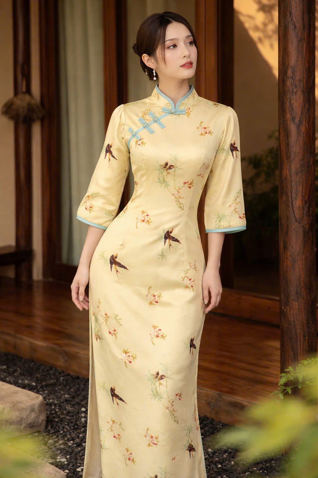Đầm Sườn Xám Vàng Trang Nhã Tay Lửng Họa Tiết Chim