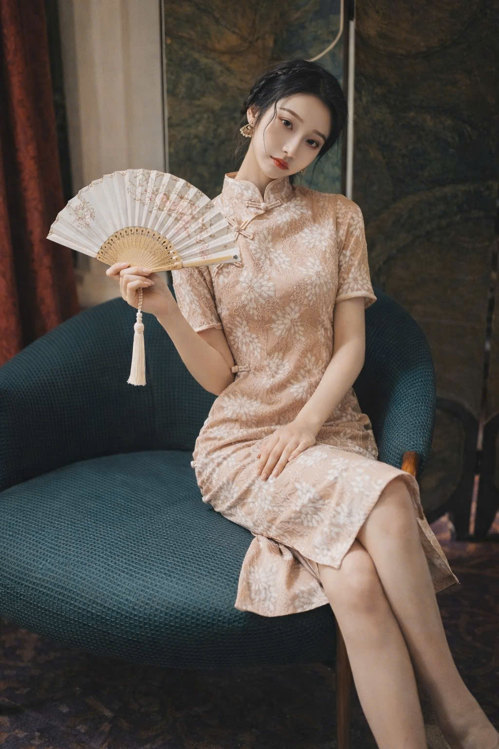 Đầm Sườn Xám Ren Hồng Nude Nút Cổ Tàu Hiện Đại - Ảnh 2