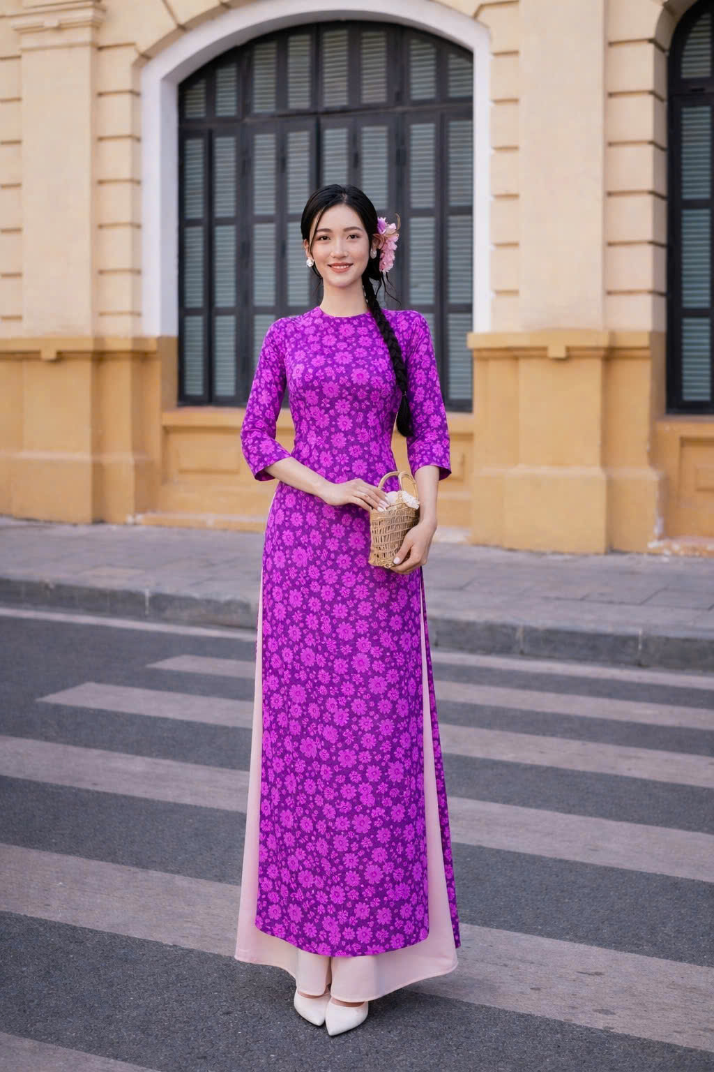 Áo Dài Truyền Thống Tím Hoa Cà Thanh Lịch