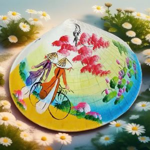 Nón Lá Trang Trí Vẽ Tay Hình Cô Gái Đi Xe Đạp