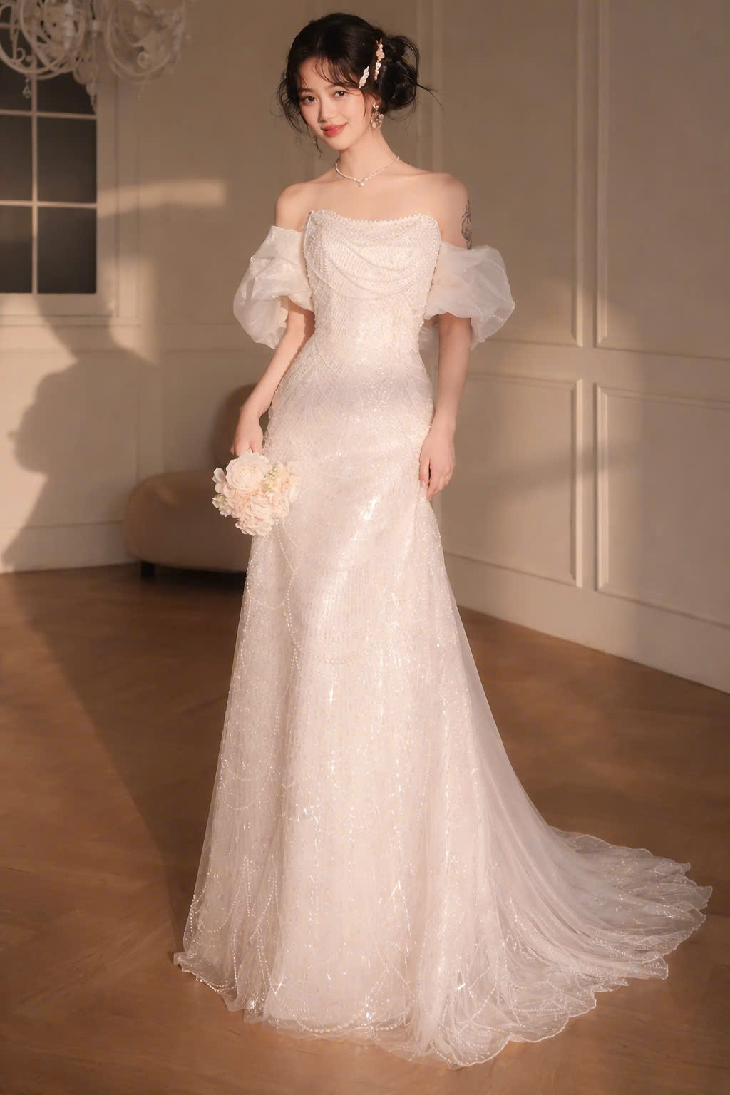 Đầm Dạ Hội Trắng Đuôi Cá Trễ Vai Đính Sequin Sang Trọng