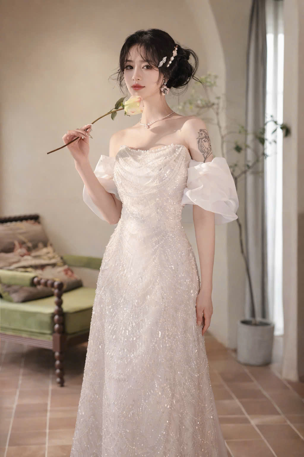 Đầm Dạ Hội Trắng Đuôi Cá Trễ Vai Đính Sequin Sang Trọng - Ảnh 3