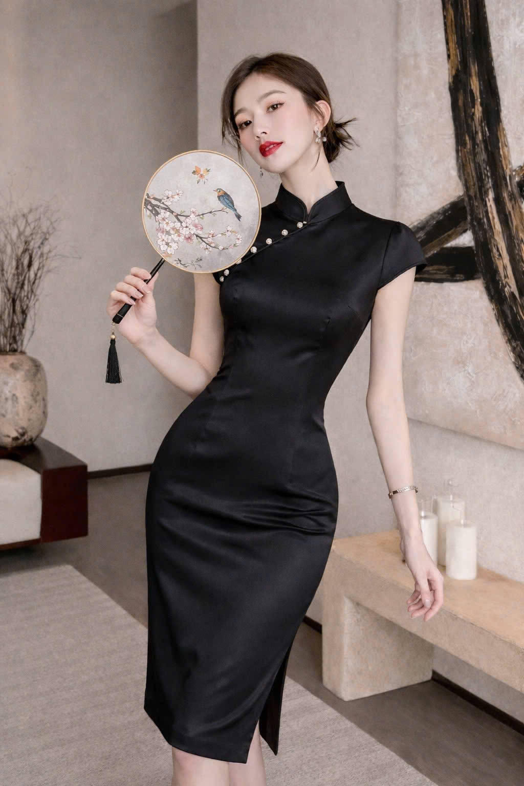 Đầm Sườn Xám Satin Đen Dáng Ngắn Cổ Tàu Hiện Đại