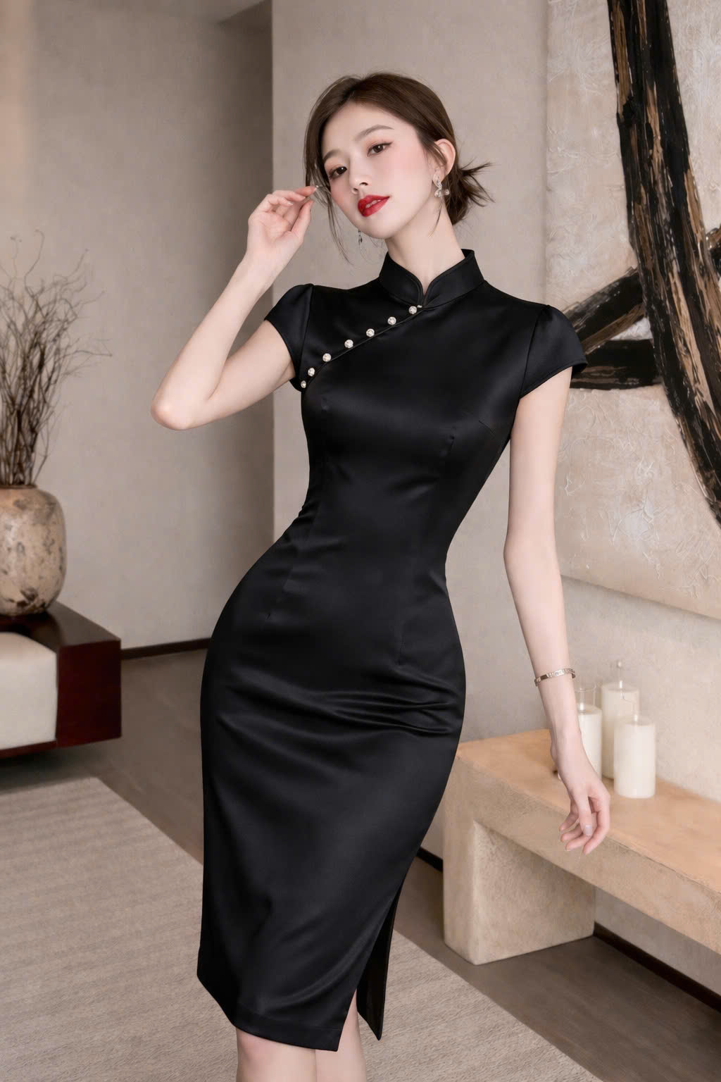 Đầm Sườn Xám Satin Đen Dáng Ngắn Cổ Tàu Hiện Đại - Ảnh 2