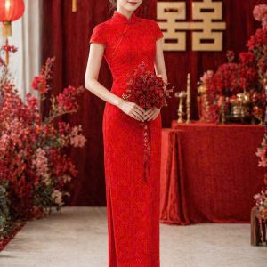 Sườn Xám Đỏ Cổ Điển Dáng Dài Sang Chảnh - DA11