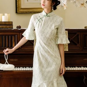 Sườn Xám Xanh Nhạt Bèo Tầng Dịu Dàng Tiểu Thư - NA04