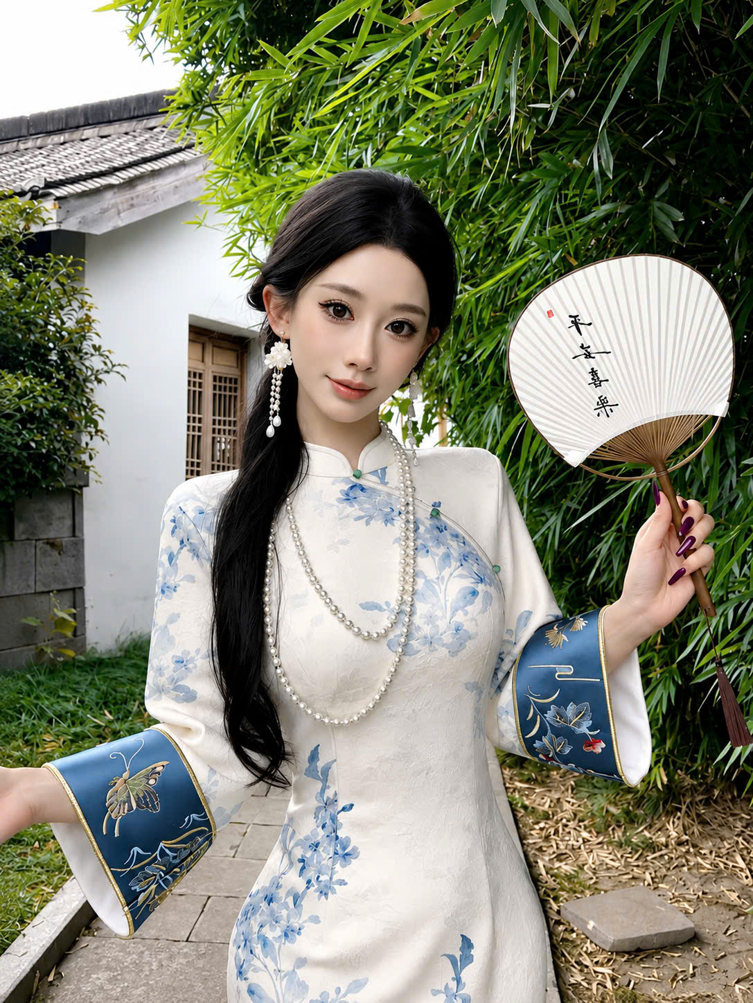 Sườn Xám Trắng Tay Dài Ống Loe Phong Cách Á Đông - DA07 - Ảnh 2