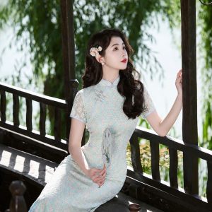 Sườn Xám Xanh Ngọc Hoa Thanh Tao Nữ Tính - DA05