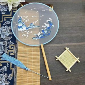 Quạt Tròn Thuê Hoa Cổ Trang - Xanh