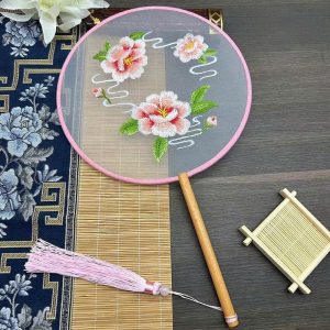 Quạt Tròn Thuê Hoa Cầm Tay Tinh Tế - Hồng