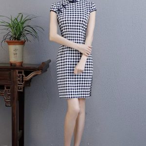 Sườn Xám Dáng Ngắn Sọc Caro