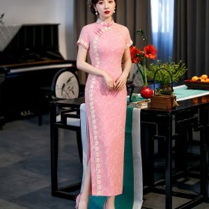 Sườn Xám Hồng Phối Ren Hoa Thanh Lịch