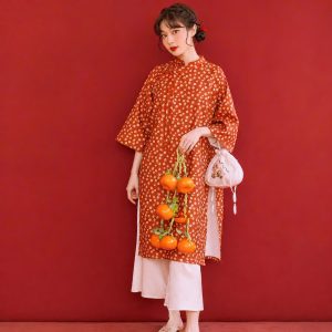 Áo Dài Cam Hoa Nắng – Áo Dài Cách Tân Form Suông Phối Hoa Nhí