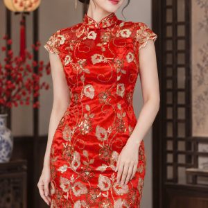 Sườn Xám Đỏ Cách Tân Kim Sa – Nổi Bật, Sang Trọng