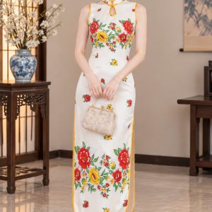 Sườn Xám Dáng Dài Phối Hoa Nổi Bật – Tôn Dáng, Duyên Dáng
